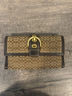 Y2K Signature Coach Jacquard Brown Wallet with Gold Buckle
